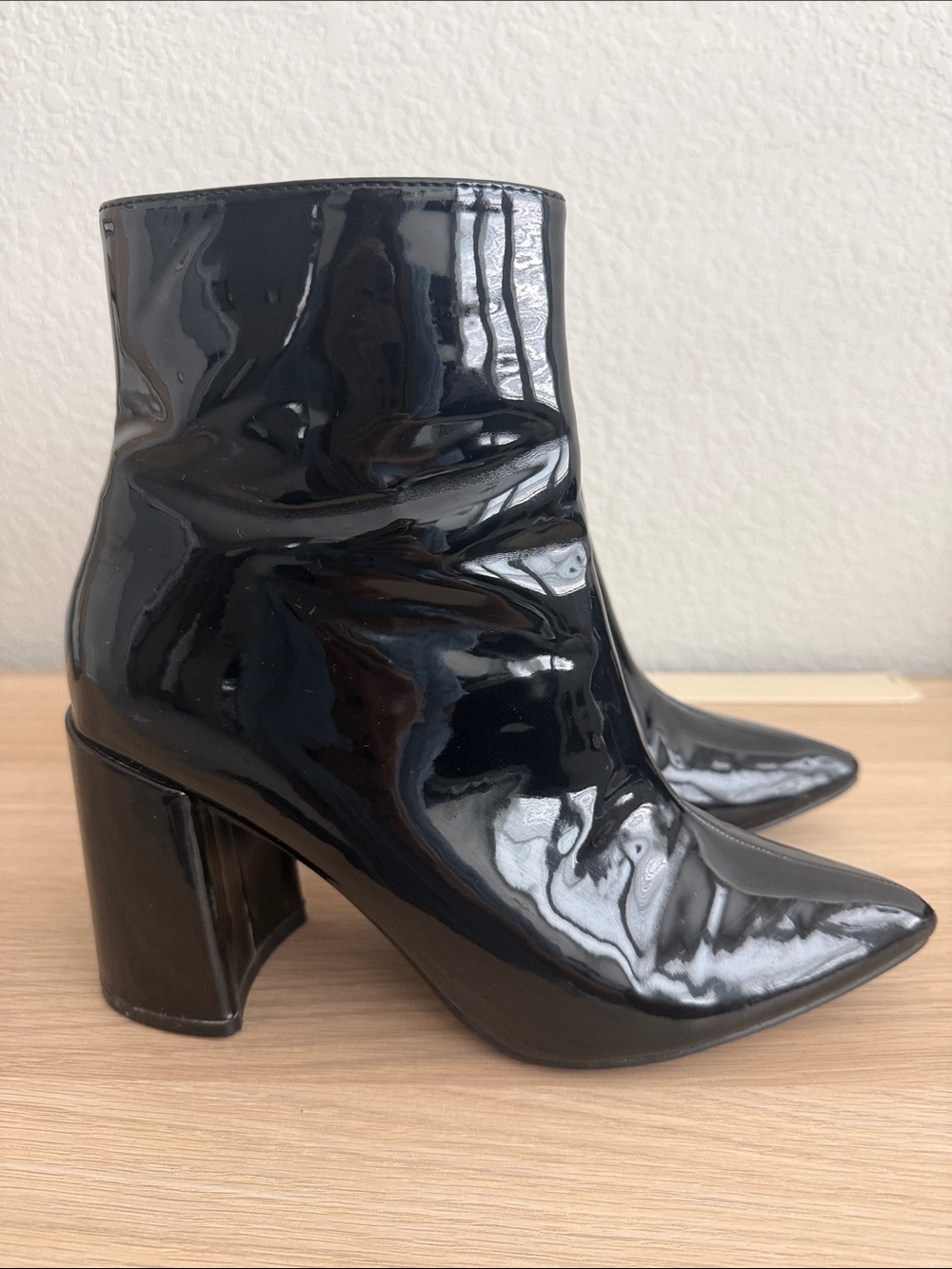 Boohoo Black Patent Pointed Ankle Boots with Block Heel